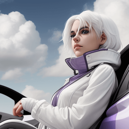 AI generated: 
girl with white hair sit into the BMW. white clouds, purple air
