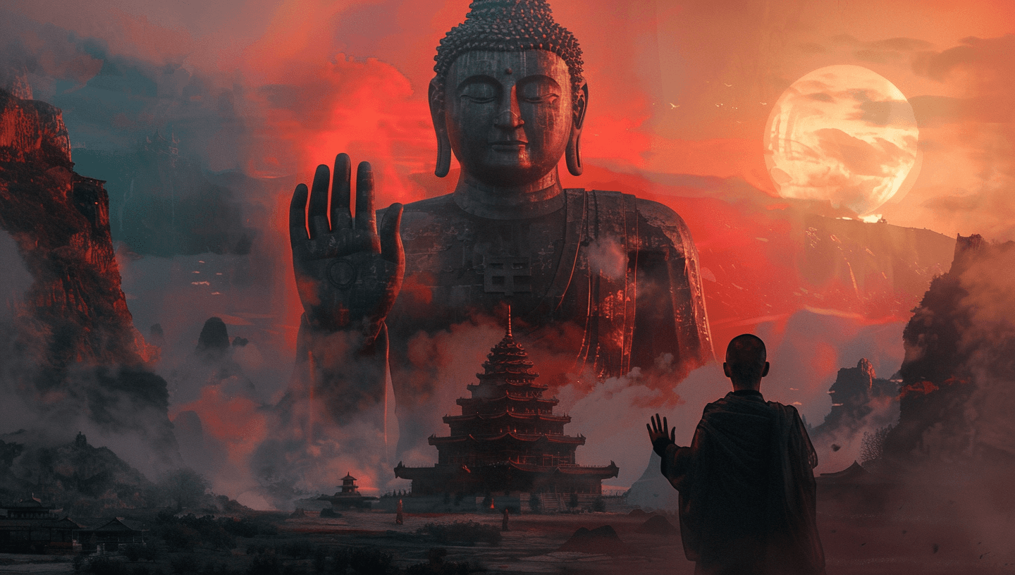 AI generated: concept art of an enormous statue of the Buddha, standing in front of it is a monk holding up his ha...