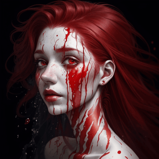 AI generated: A half body portrait of a woman made of blood, half body is submerged in blood, red hair depicting a...
