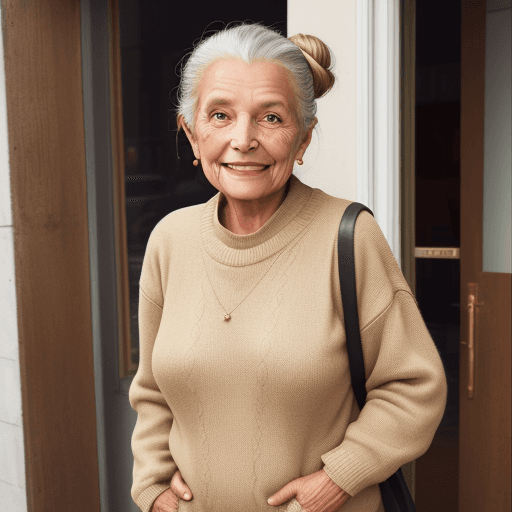 AI generated: The image features a beautiful old woman, a tan sweater, standing in front of a building, hair pulle...
