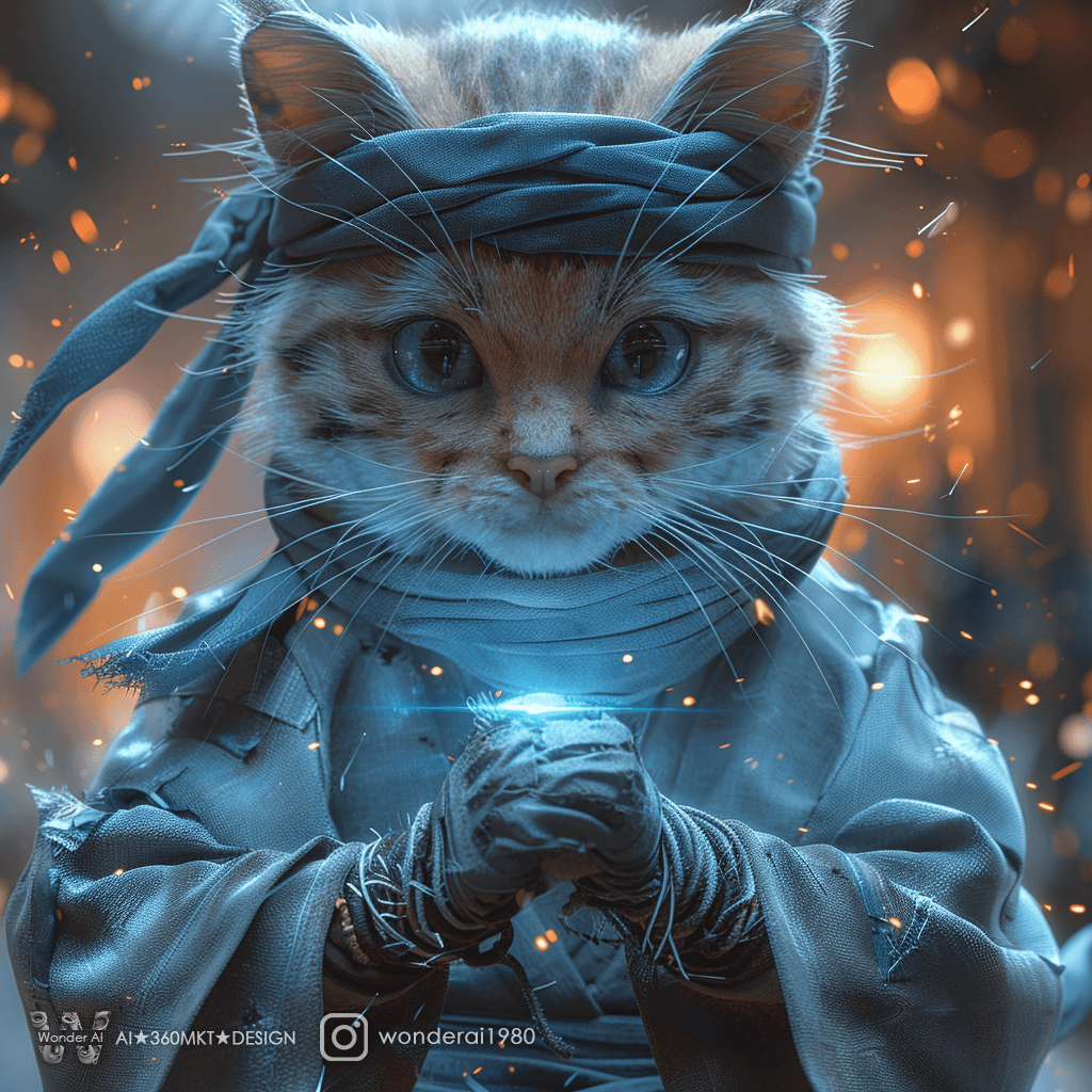 AI generated: an anthropomorphic cute cat wearing [ninja outfit : Gray ninja jacket, gray ninja pants, blue scale ...