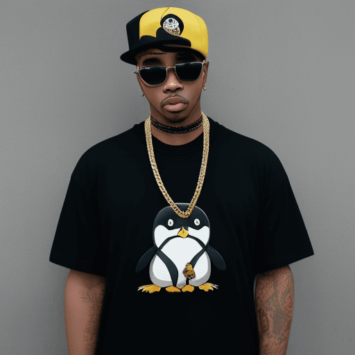 AI generated: PHOTO OF A PENGUIN WEARING HIP HOP FASHION, GOLD CHAINS, AND A T-SHIRT THAT READS, "GET YOUR COOL ON...