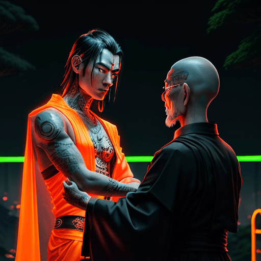 AI generated: a 26 year old cyberpunk buddhist with tattooed black hair explains with his arms outstretched to old...