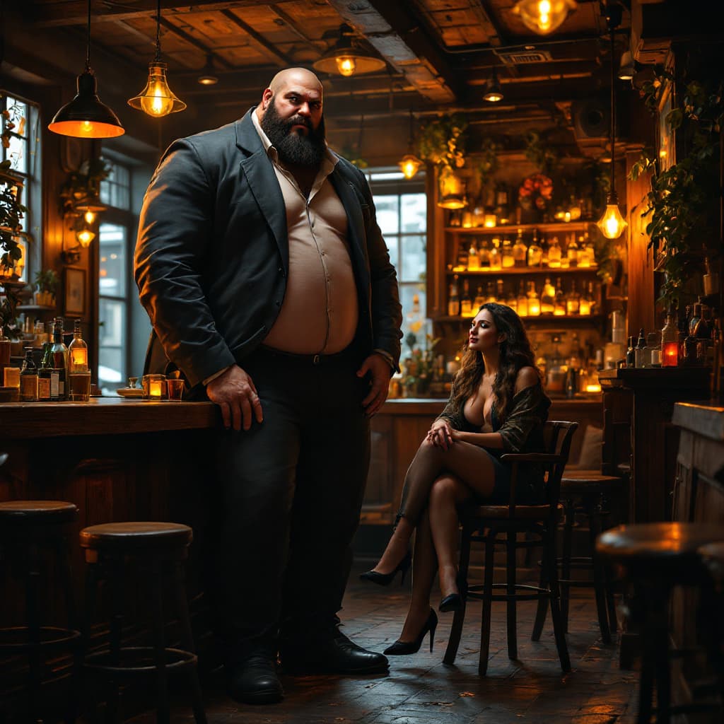 AI generated: A towering man and woman, each 5 meters tall, sit casually in a cozy, dimly lit bar with rustic wood...