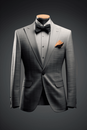 AI generated: Front view of a blazer, tailored fashion design, featuring a bowtie and pocket square at the lapel, ...