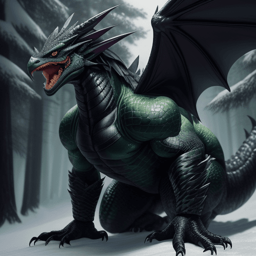 AI generated: handsome cute black dragon in snowy forest, wearing hulk jacket, dnd character, background focus, fa...