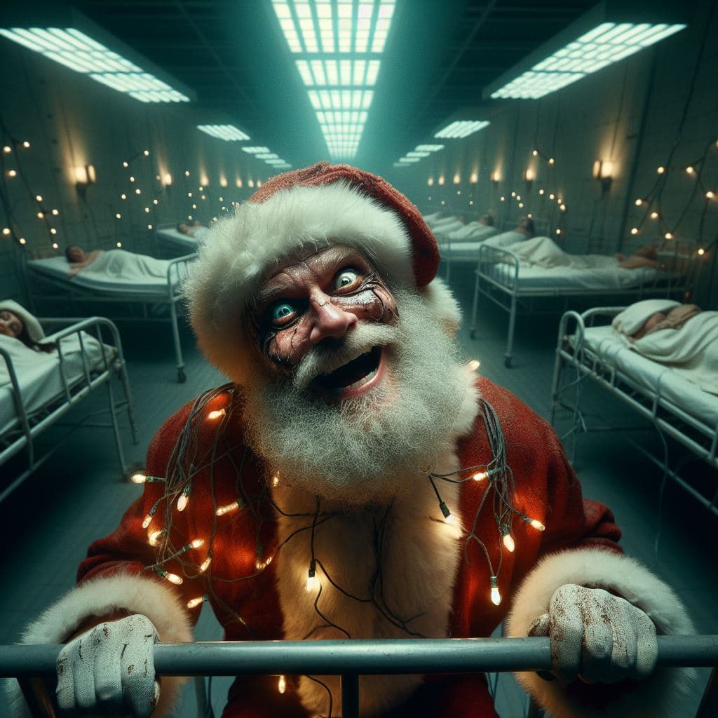 AI generated: Santa Clause, dirty, neglected in a padded cell in a psychiatric hospital, he looks and laughs distu...