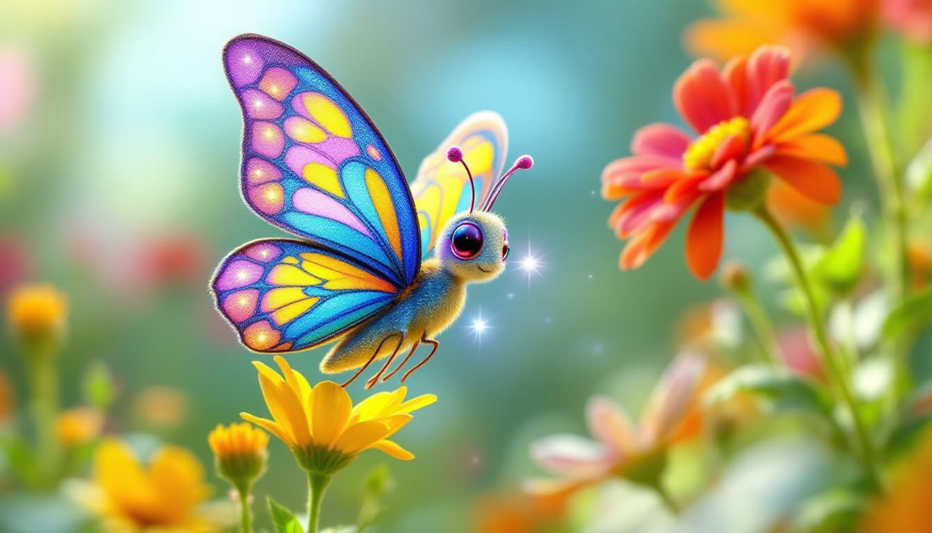 AI generated: "Create a 3D scene of a vibrant butterfly named Rang-Birangi Titli fluttering gracefully between col...