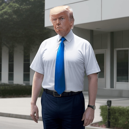 AI generated: donald trump wears a short-sleeved white shirt with a blue tie, dark green jeans, he is standing in ...