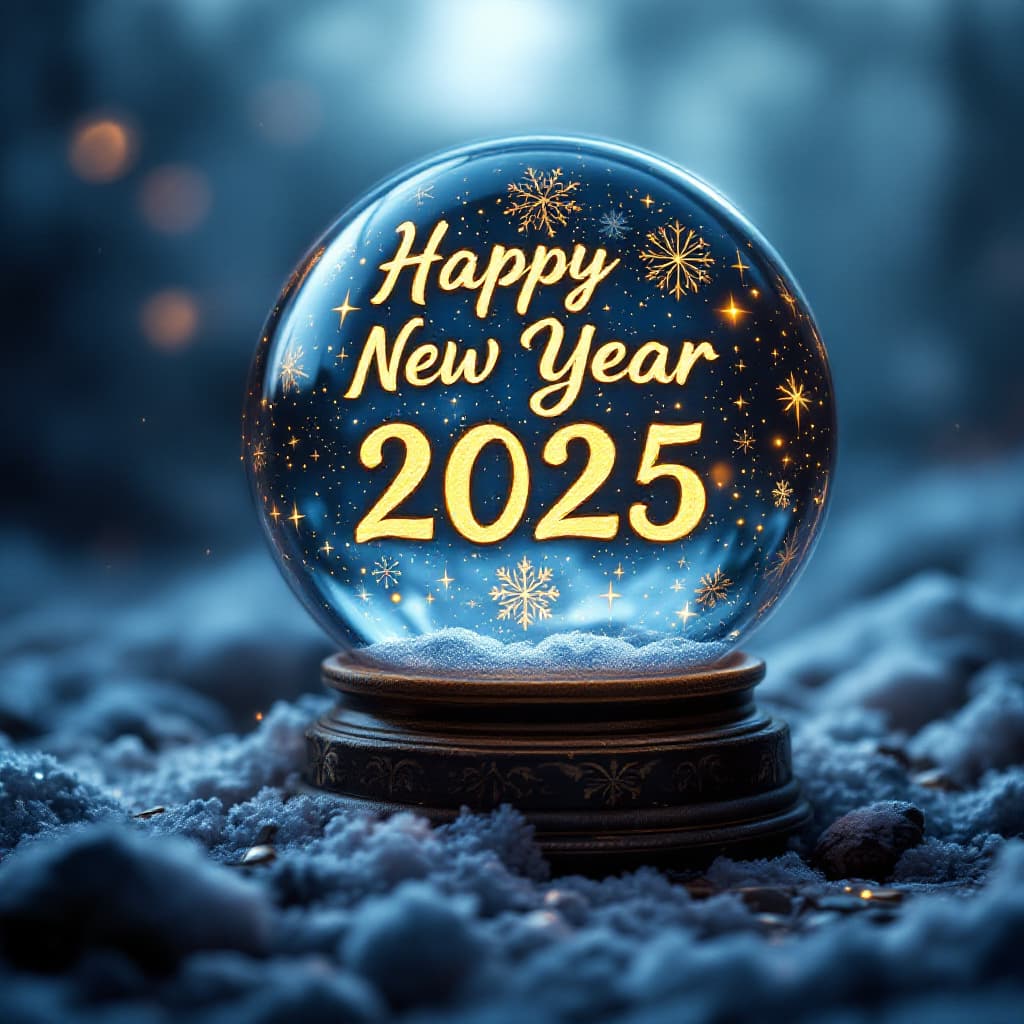 AI generated: a magic ball, it contains a whole world of New Year's magic written "Happy New Year 2025" written ac...