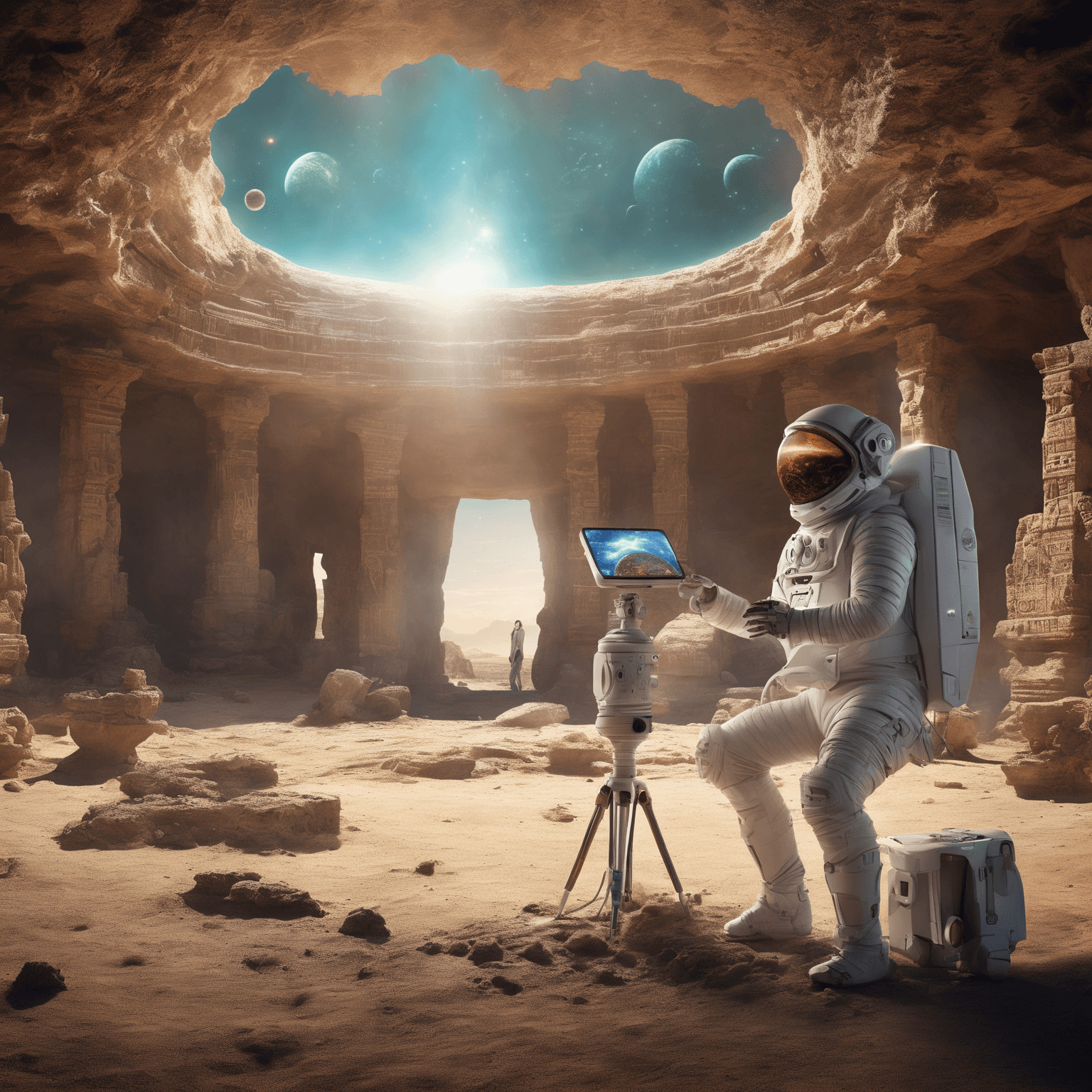 AI generated: A futuristic space archaeologist, aged 42, equipped with advanced archaeological tools, stands amids...