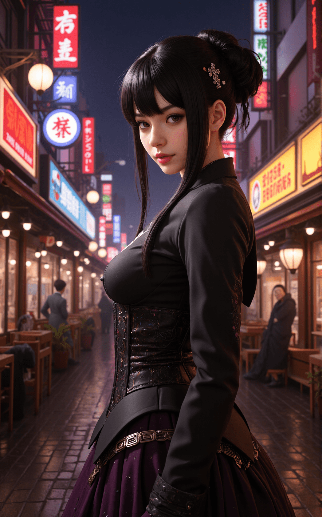 AI generated: A young Japanese woman in Victorian-era attire stands under glowing neon lights, blending 1800s eleg...
