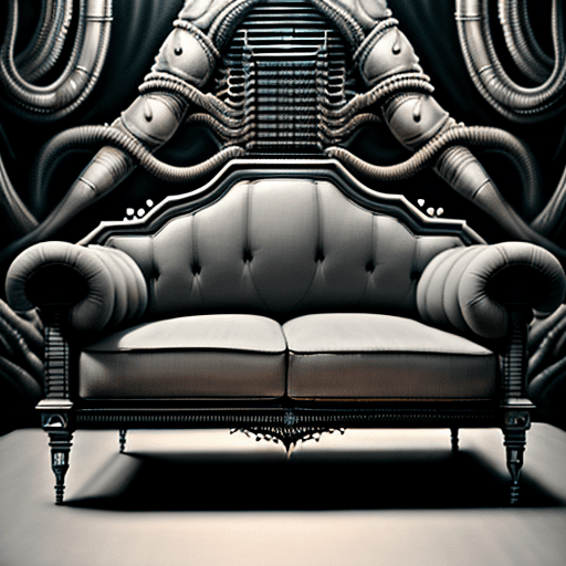 AI generated: huge HR Giger style couch, concept furniture, painting on grey, hyper realistic, illustration, digit...