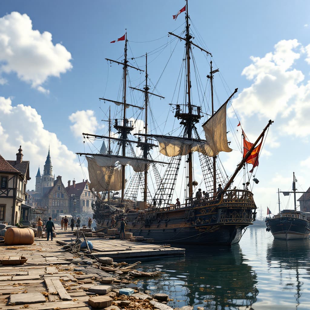 AI generated: Photo of a ultra realistic sailing ship, in the early 1800's, anchored at an old European port, crew...