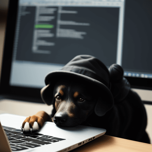 AI generated: A dog using computer, looking into laptop and background is like black hat hacker