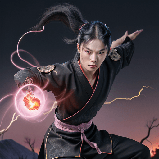 AI generated: A mischievous ninja in midnight black traditional Chinese attire, golden accessories, stealthy stanc...