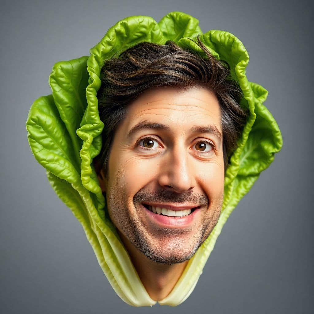 AI generated: A humorous portrait of Ray
Romano's face seamlessly blended with a head of fresh romaine lettuce, h...