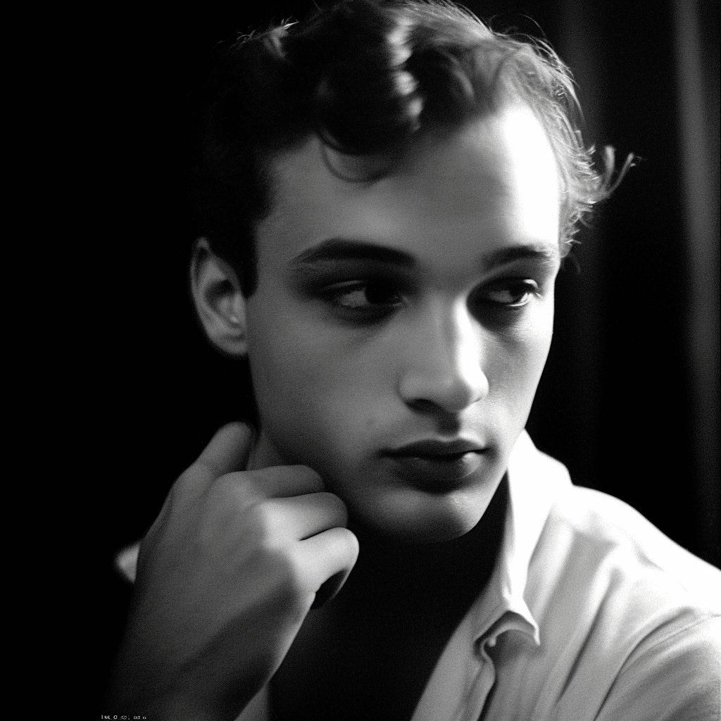 AI generated: A young man with dark eyes, a black and white photograph, soft lighting, his hand on his chin, a thr...