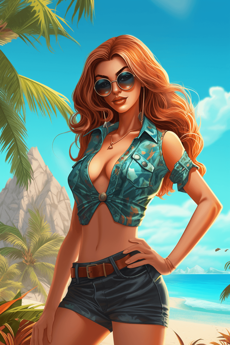 AI generated: A beautiful model on a tropical beach in a bikini, in the style of cartoon - like figures, hyper - r...