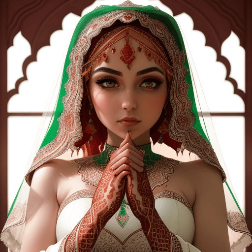 AI generated: a beautiful moslem bride in traditional wear bride covering her hands with henna during her wedding,...