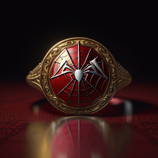 AI generated: Ring on the table with the design and character of spiderman The Ring is gold and red dark, no water...