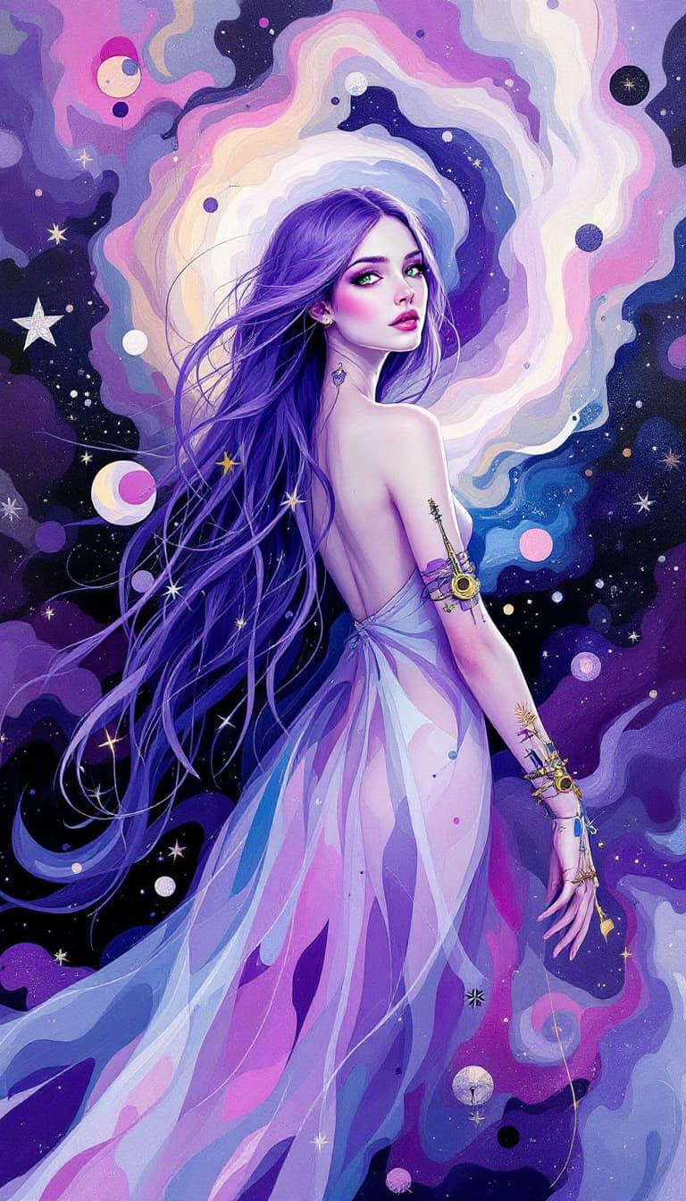 AI generated: "Violet Muse in a Shifting Dreamscape": A captivating abstract painting showcases a muse, with a ble...