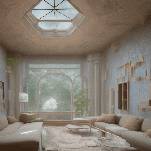 AI generated: High resolution photography interior design, dreamy sunken living room conversation pit, wooden floo...