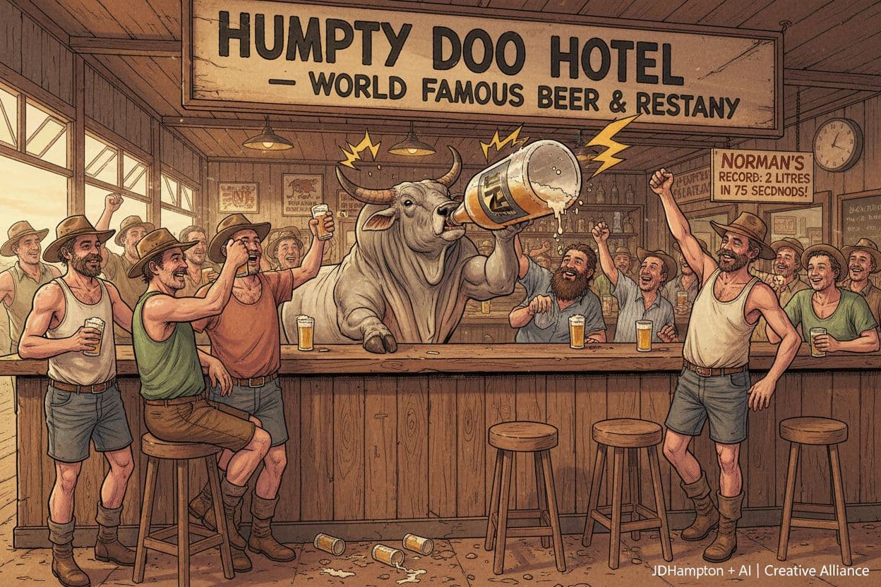 AI generated: Norman the Beer drinking Brahman Bull, became very famous, same like a super hero at Humpty Doo Hote...