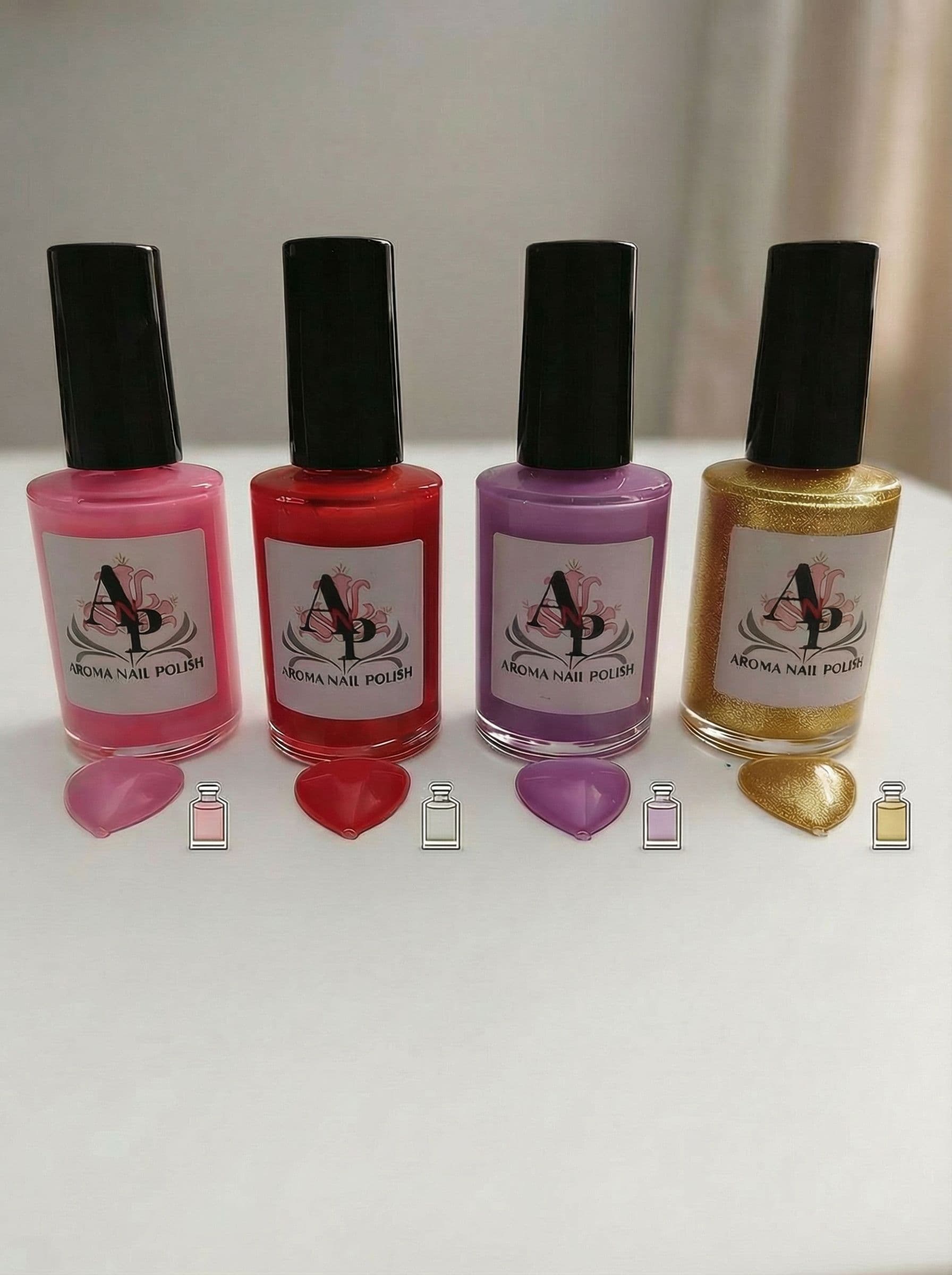 AI generated: Aroma nail polish comes in bright and pretty colors like pink red lavender and gold. 