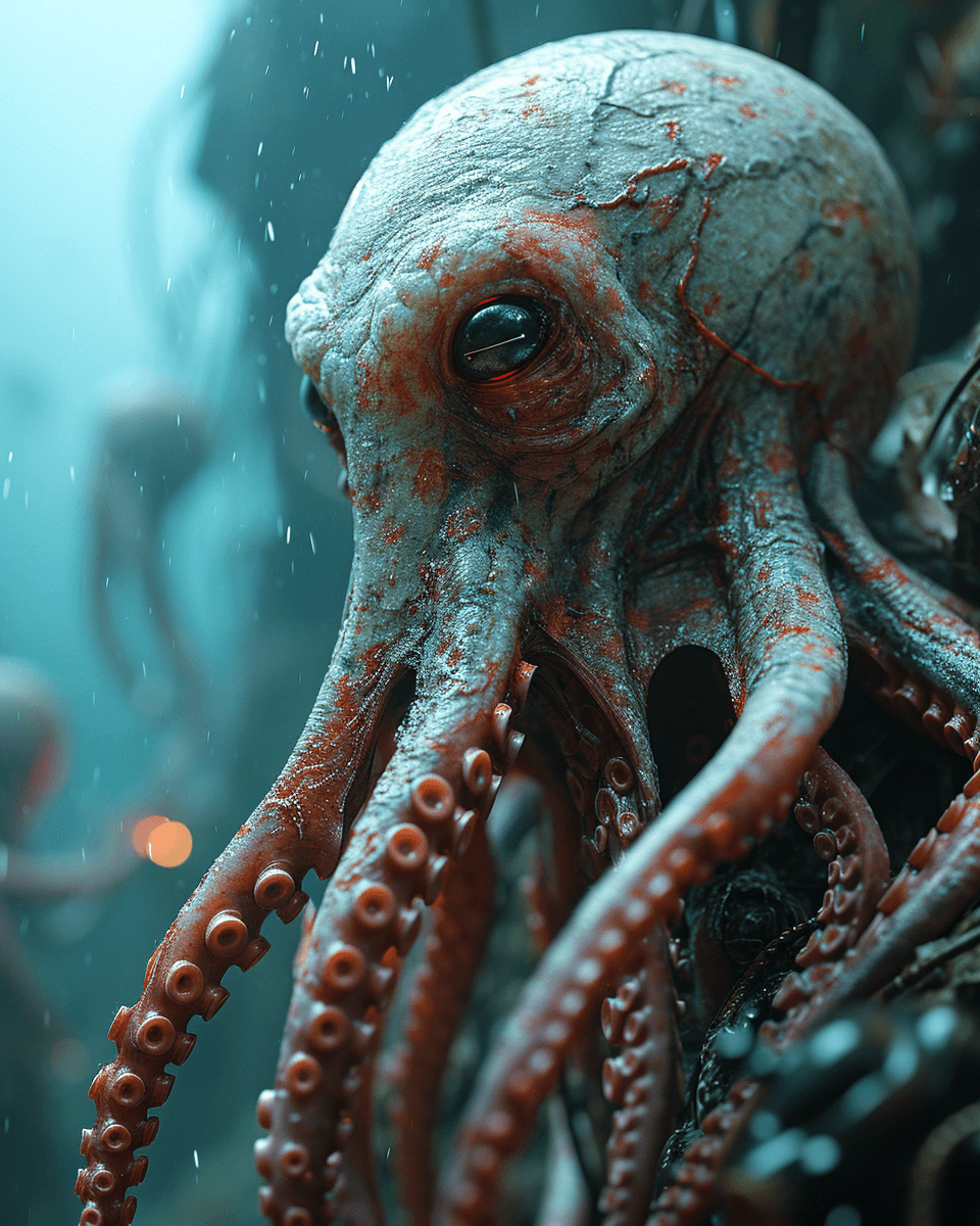 AI generated: thin, white, bald figure wearing a pink octopus tentacle gas mask, sickly and repulsive appearance, ...