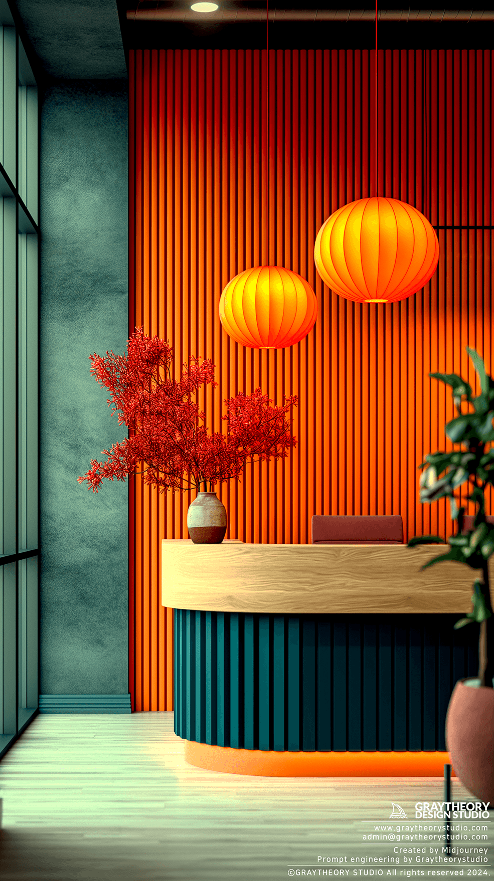 AI generated: casual reception area, desk with colorful accents pendant light, Nikon Z9, illuminated by natural li...