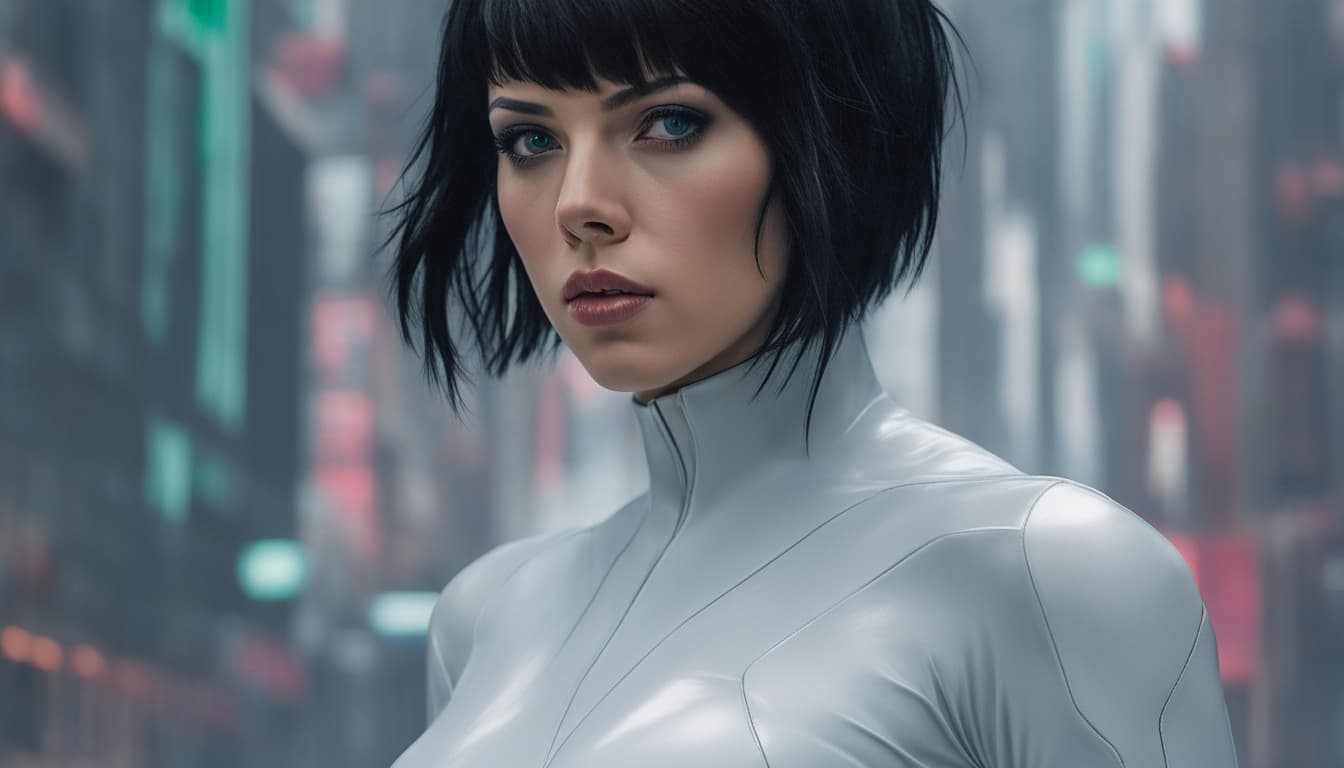 AI generated: 200mm RAW portrait photograph of Scarlett Johansson as Major Mira Killian in niihama city , the icon...