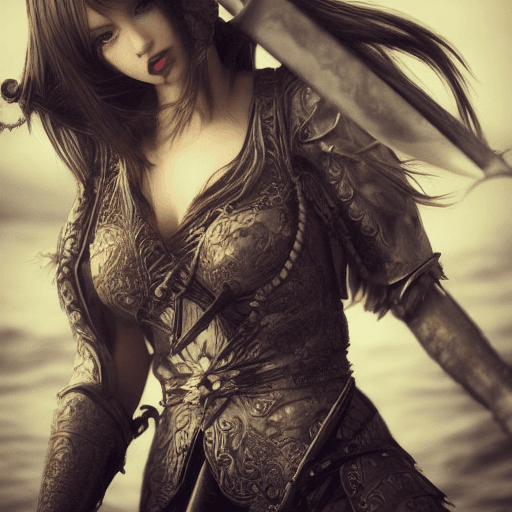 AI generated: full body, ultra-realistic photograph, beautiful woman. with a sword on, hair blowing in the wind, i...