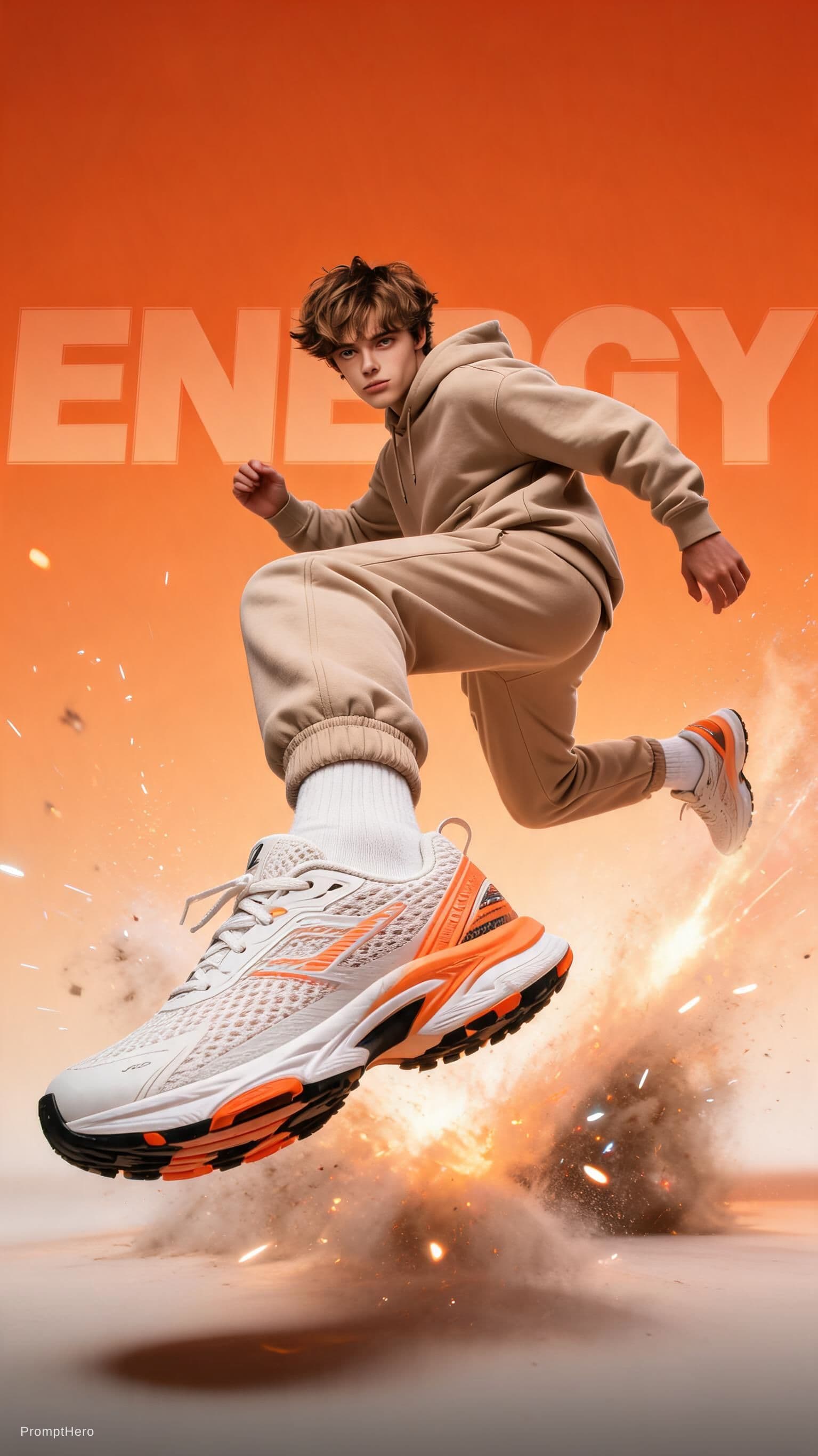 AI generated: A dynamic sportswear advertisement featuring a young athletic male model captured mid-air in an expl...