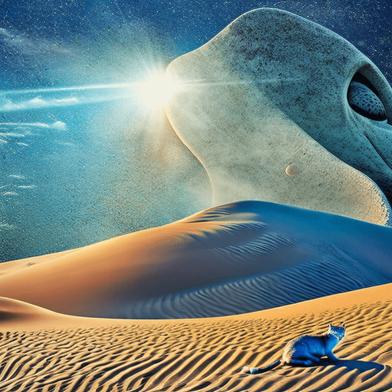 AI generated: illustration of a strange mysterious desolate desert with light blue sand,light whashed out blue col...