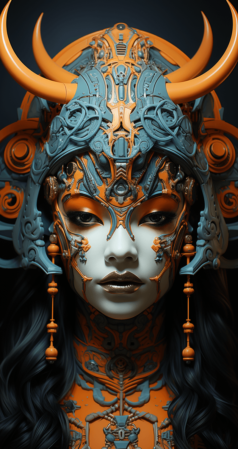 AI generated: an illustration of a girl wearing horns and an army helmet, in the style of ethereal geometry, intri...