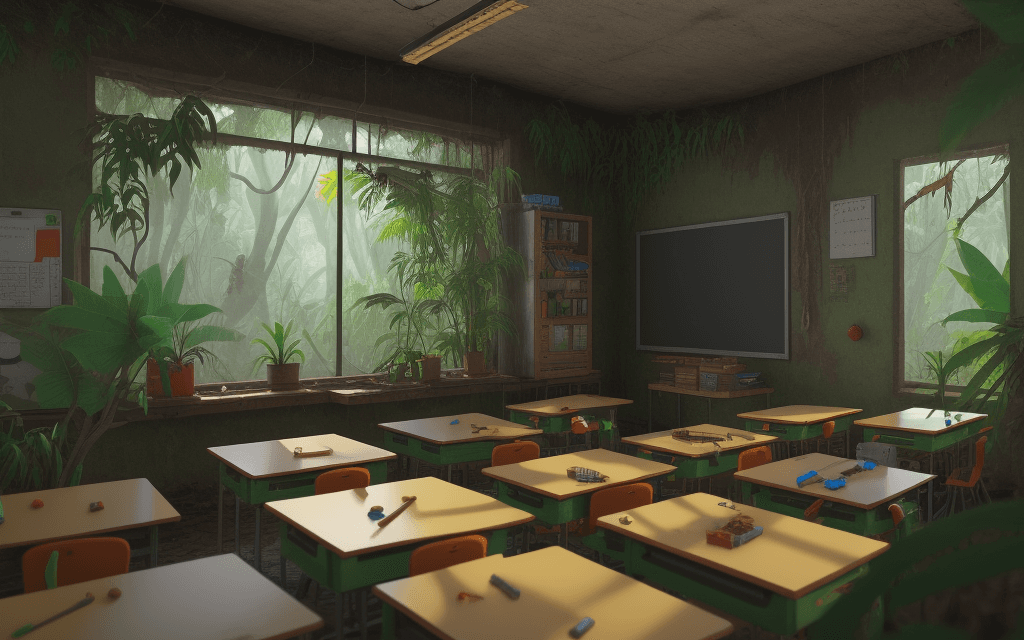 AI generated: old classroom in jungle with lego ,8k
