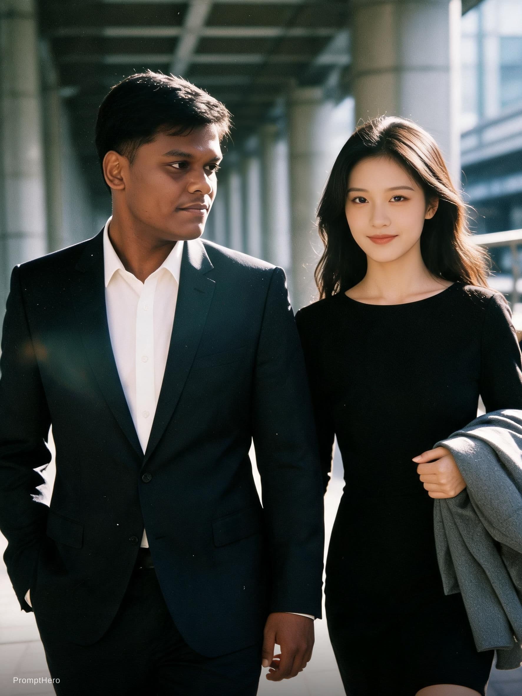 AI generated: A cinematic candid medium shot portrait of a man and a woman walking side by side along a bright urb...
