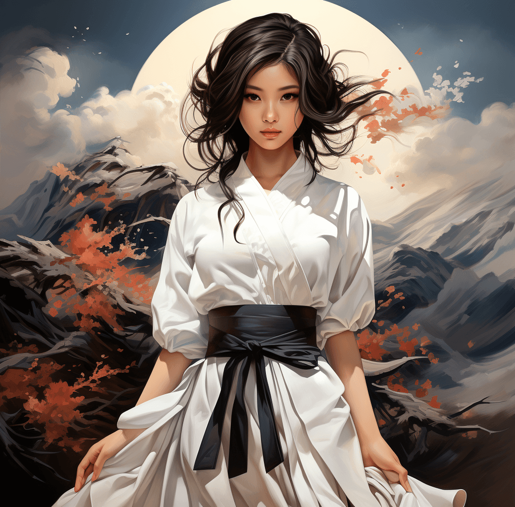 AI generated: anime girl in full white outfit holding Japanese tshirt and wearing black skirt, in the style of tra...
