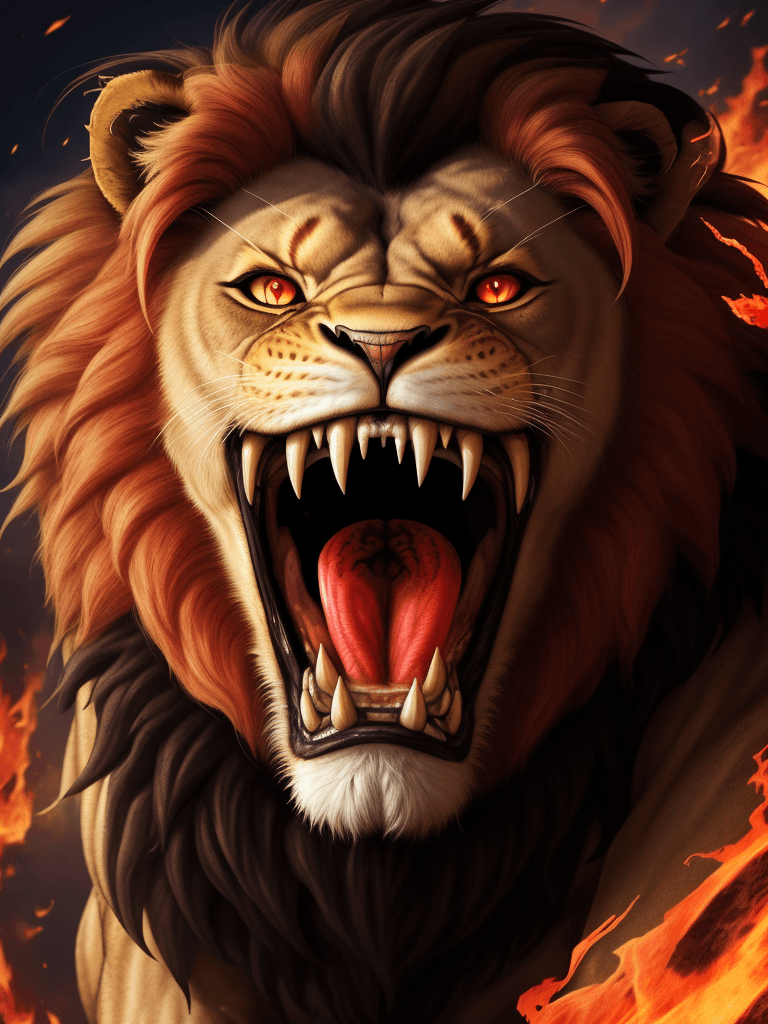 AI generated: A lion with a firey mane, large teeth like a sabre tooth, evil red eyes
