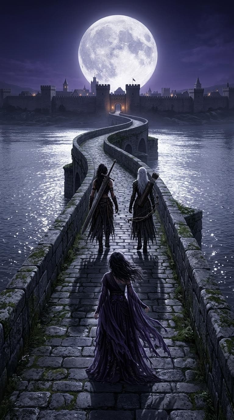 AI generated: Cinematic fantasy album cover, 16:9 widescreen.

Moonlit night.

An ancient stone bridge crossing a ...