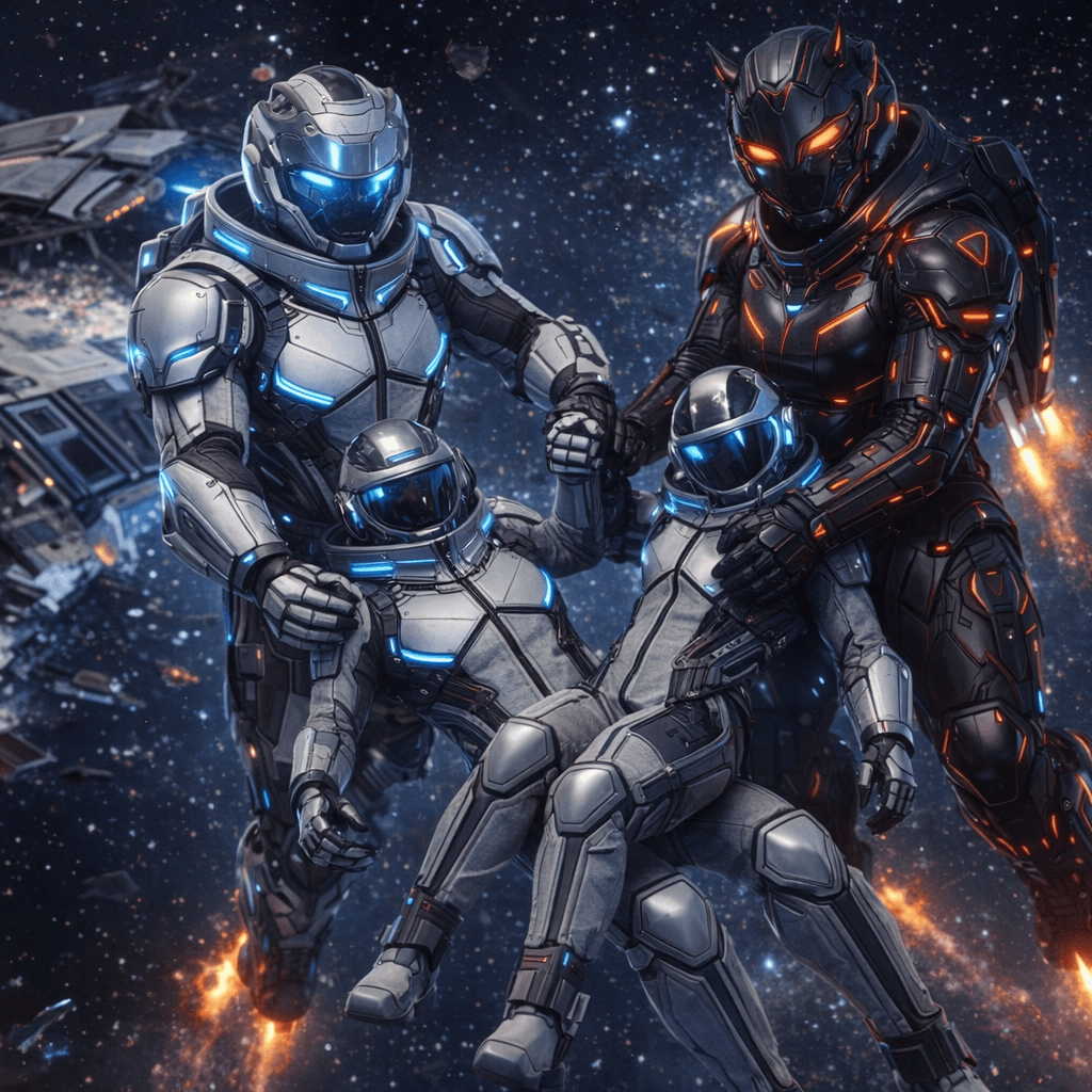 AI generated: The first reference image is my Pilots in their Allumic Outer suits, worn by the space crew. The sec...