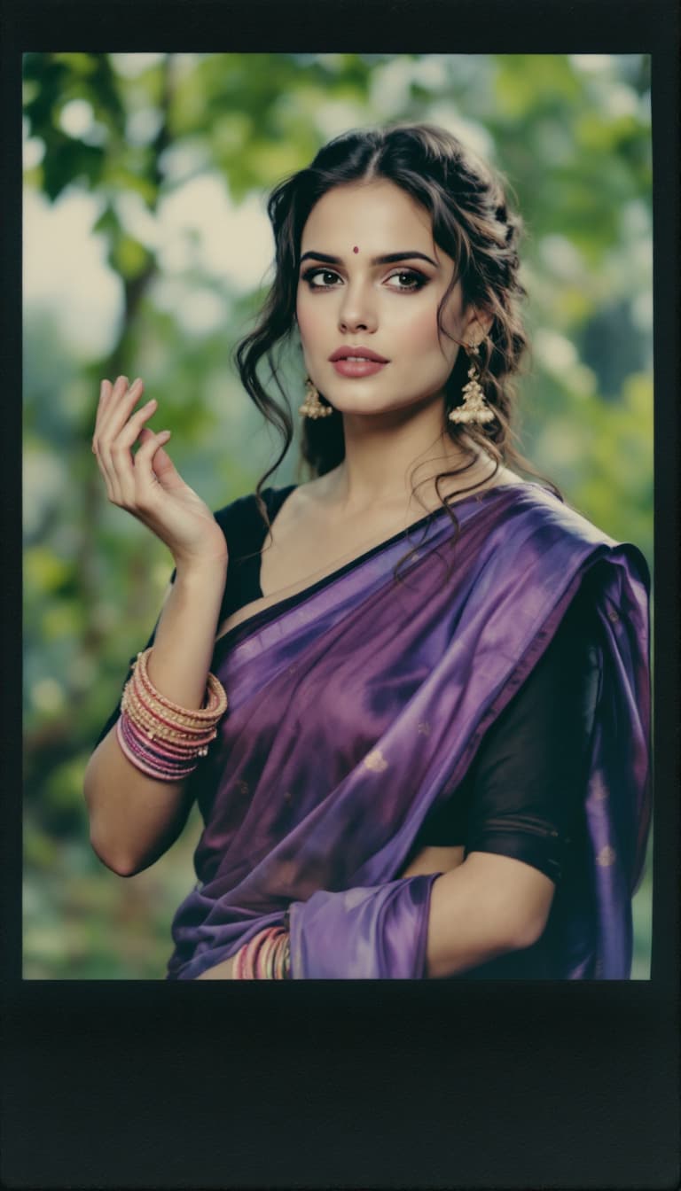 AI generated: Polaroid camera,Hayley Atwell ,24-30 years old, Indian hair style,trying to love, showing bangles on...