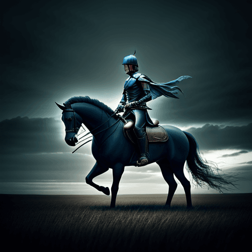 AI generated: A dark horse rider with a sword in a lonely field, cinemátic photography HD 4K realistic style cold ...