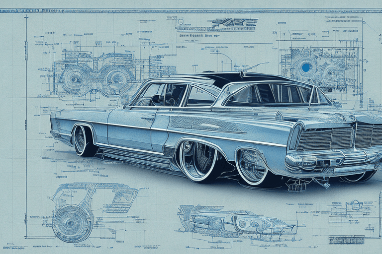 AI generated: mdjrny-v4 style| highly detailed infographic blueprint of retrofuturism car blueprint| blue paper| w...