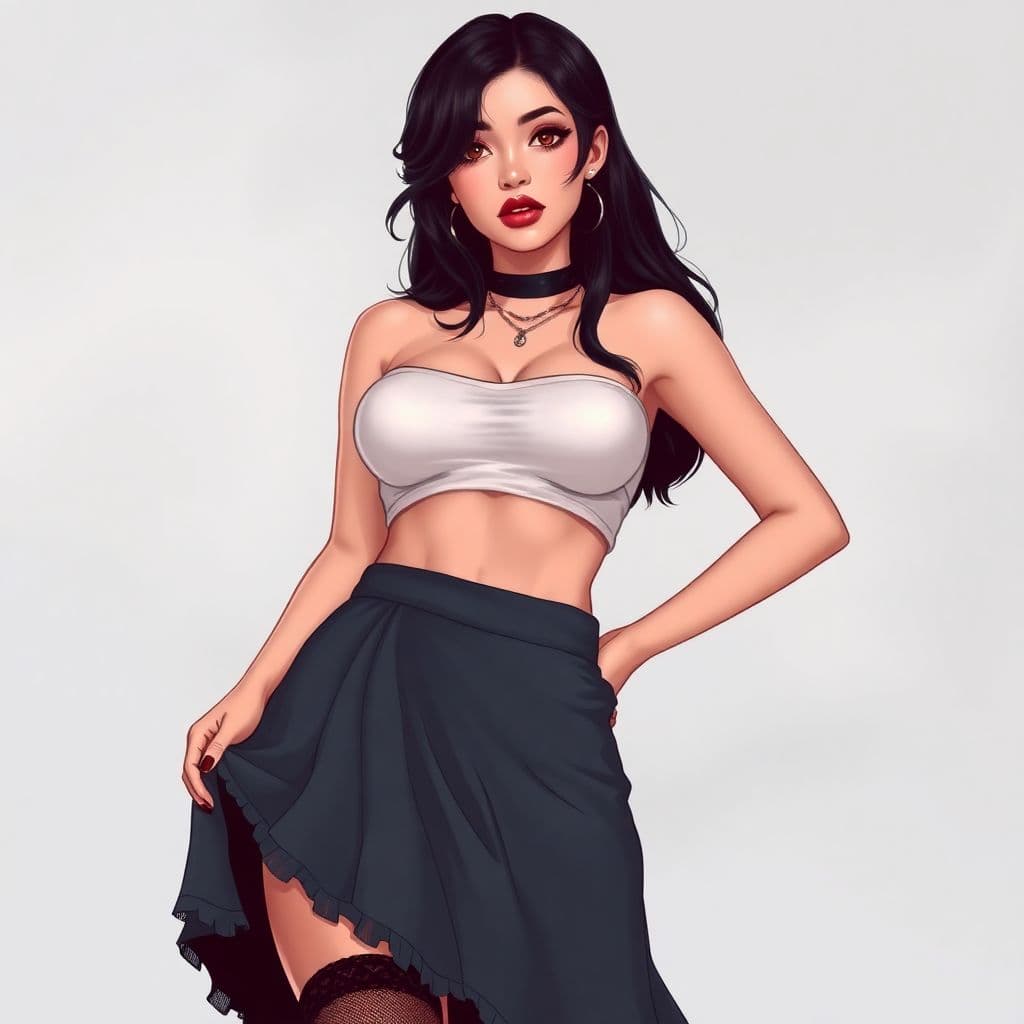 AI generated: Hispanic Goth woman, drawn anime style. Wearing skirt voluptuous.