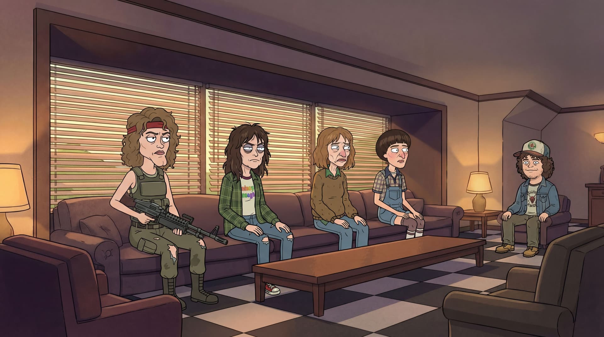 AI generated: Make all characters from input image 2,3,4,5 be seated on the longer sofa from input image 1 and inp...