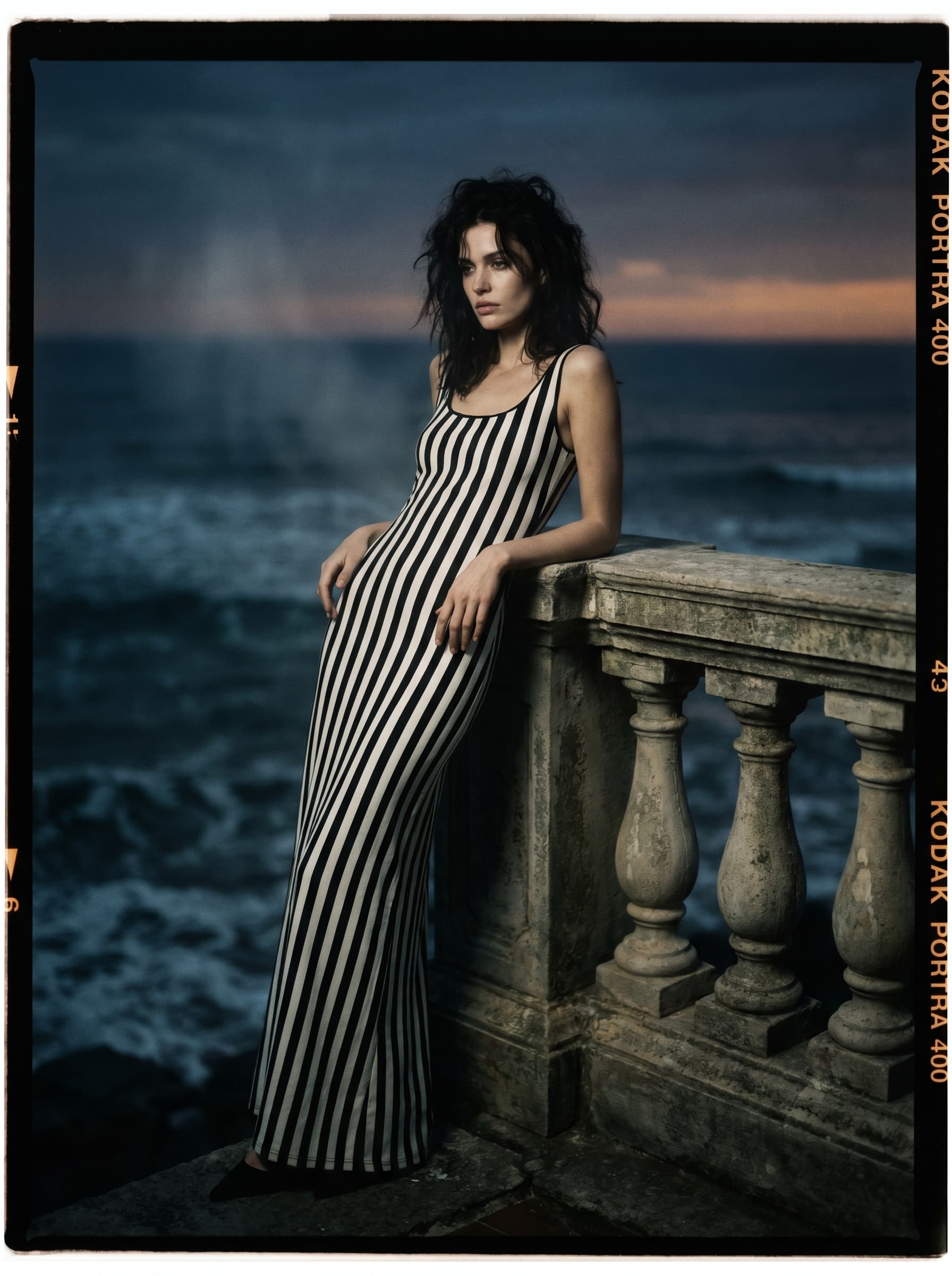 AI generated: (Nano Banana Pro) A high-fashion editorial portrait of a woman with long brunette hair, wearing a fo...