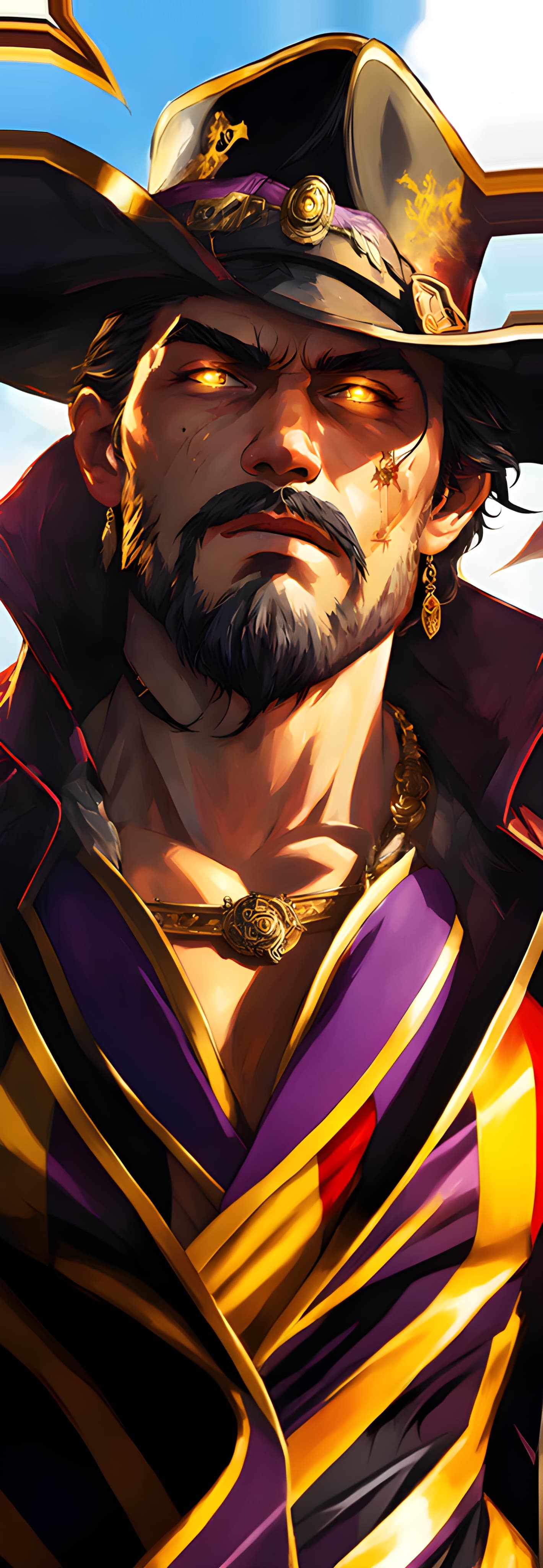 AI generated: Action movie view, legendary pirate Mihawk Dracule Hawkeye, a tall lean man, black hair, a short bea...