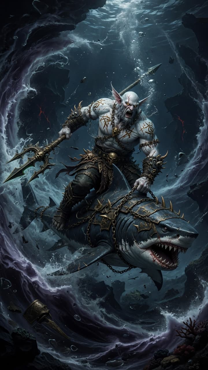 AI generated: Ultra-realistic high-fantasy divine triton warrior king mounted on a colossal abyssal war shark,FULL...